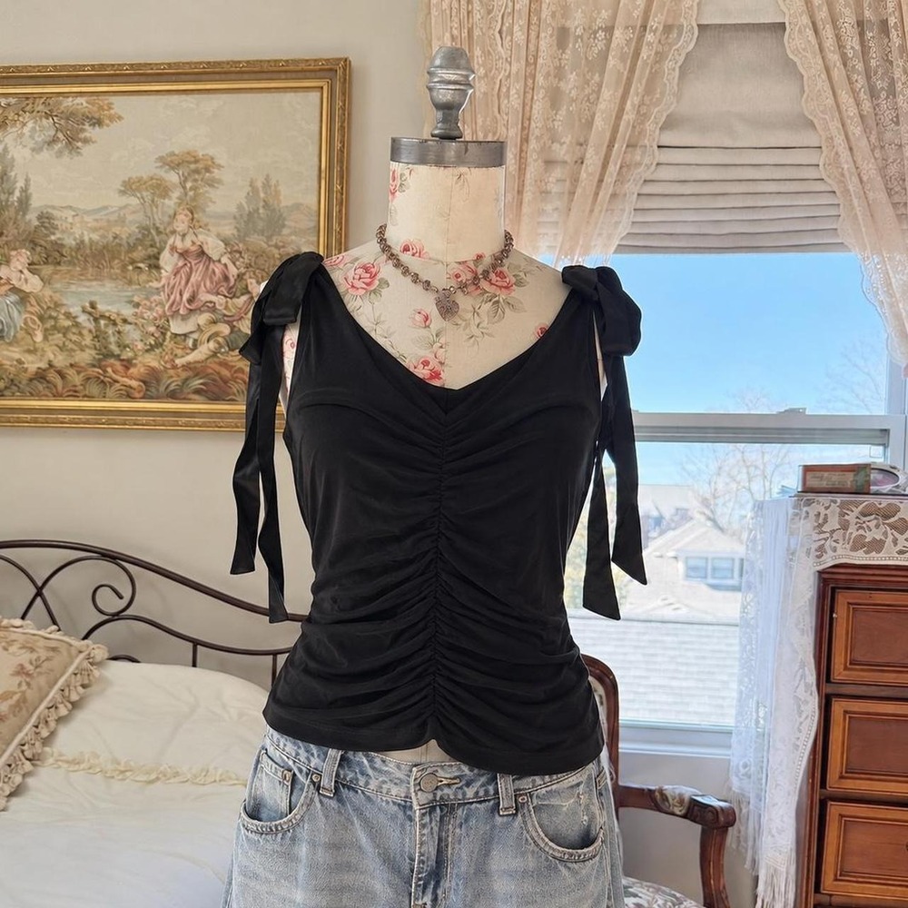 Y2K Fredericks of Hollywood black ruched ribbon tie top size 1X